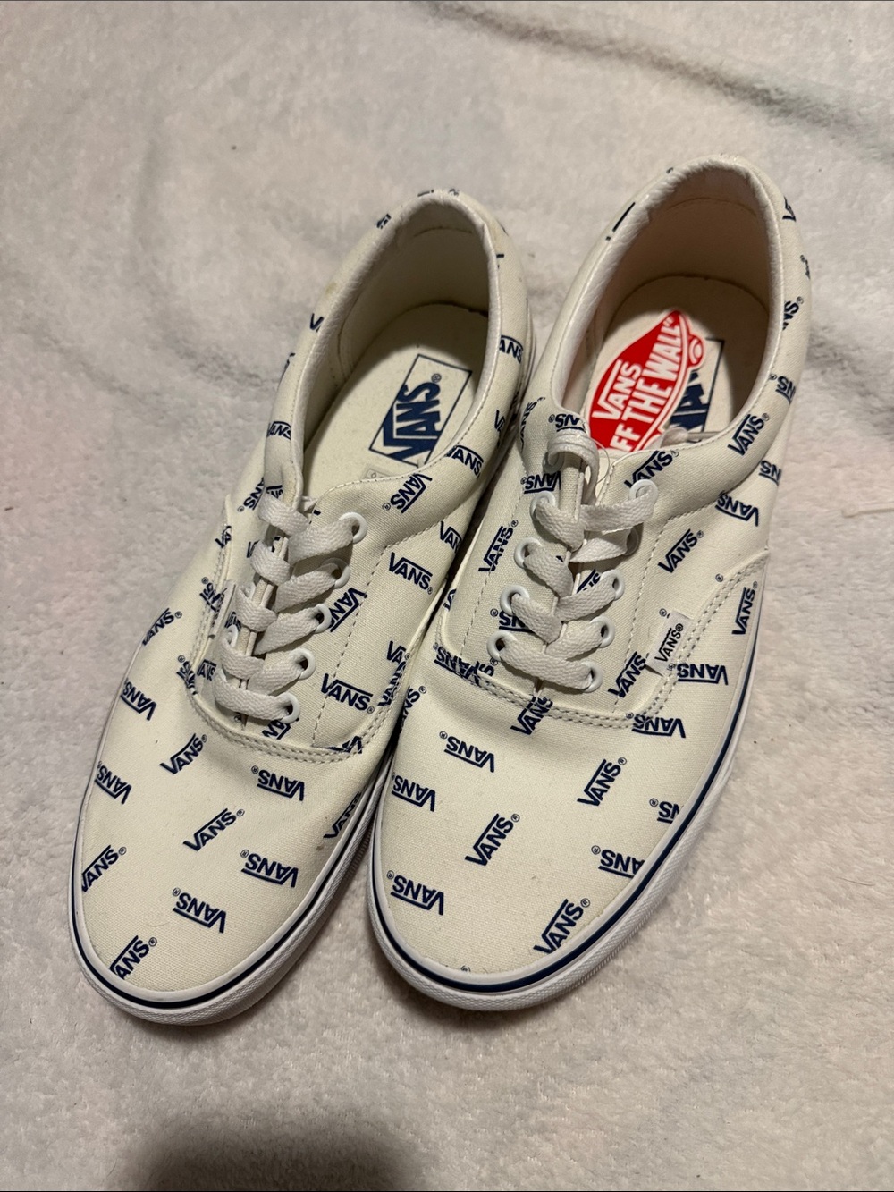 Vans White Canvas Sneakers with Navy Logo Print